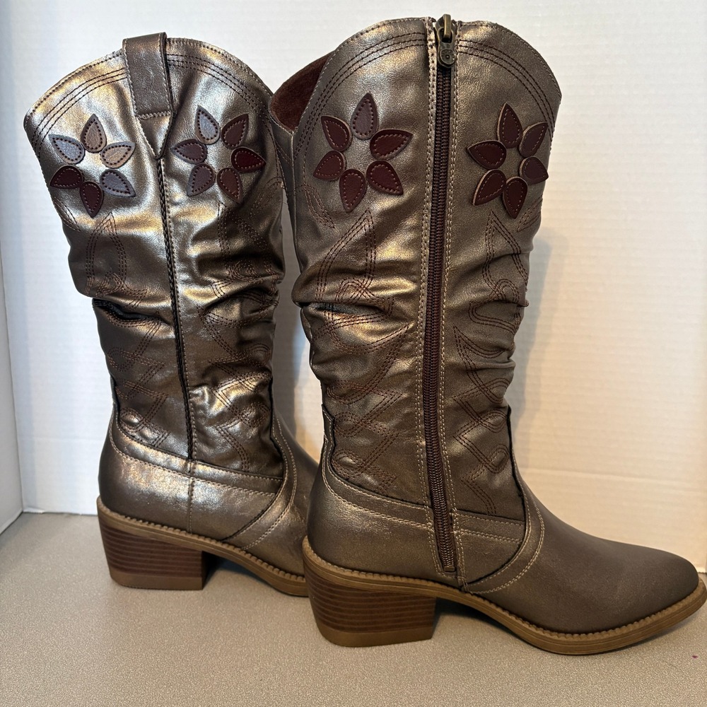Girls Metallic Bronze Flower Boots Side Zip Block Heel Western Style Size 8 - Picture 7 of 15
